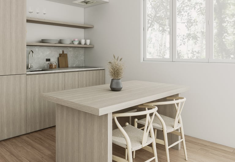 a kitchen with a table and chairs and a vase with a vase with flowers