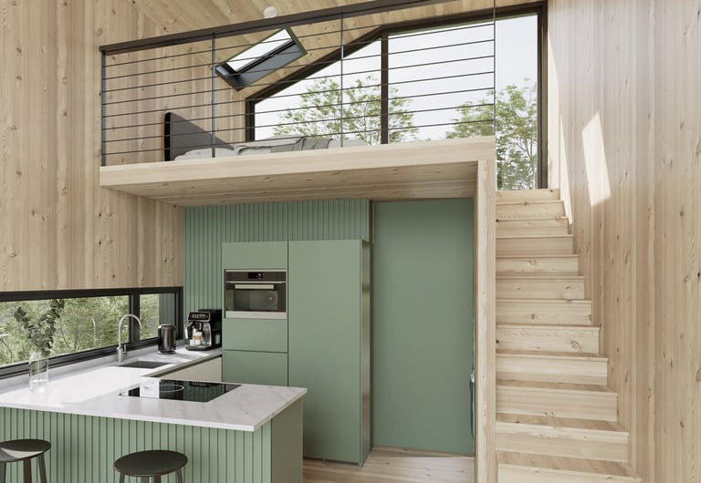 a kitchen with a staircase and a staircase leading to a loft