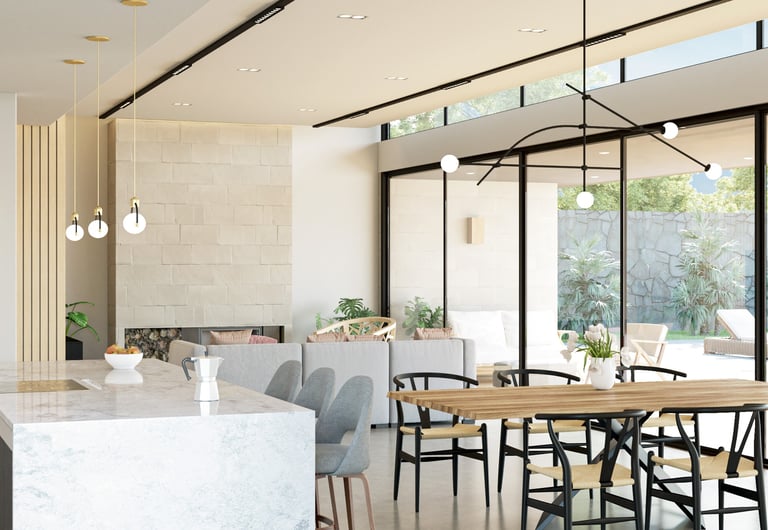 Une cuisine avec une table, des chaises et une autre table