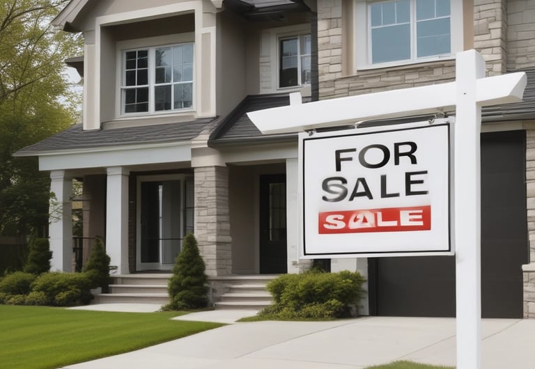 A 'For Sale' sign in front of a well-maintained house.