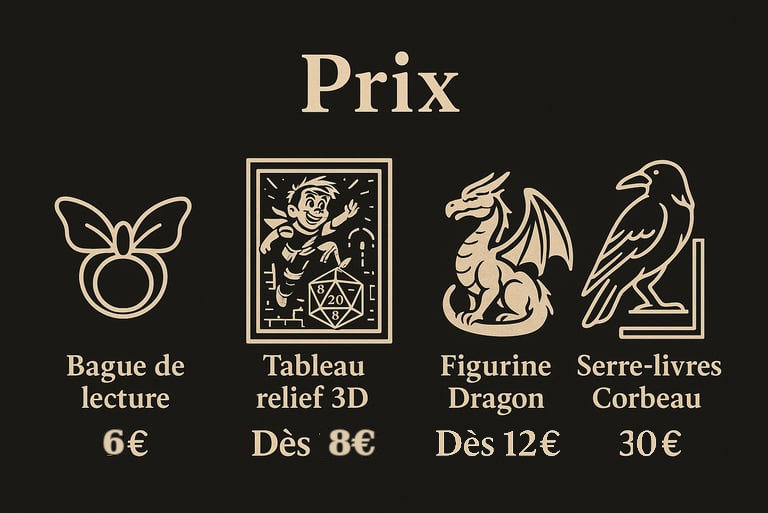Liste de prix pour des articles fantastiques mettant en vedette une figurine de dragon, des serre-li