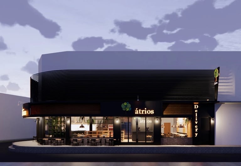 fachada comercial industrial iluminada com logo interiores arquitetura