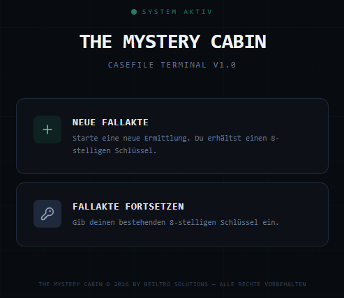 Digital dashboard for The Mystery Cabin casefile terminal featuring options to start a new case or continue an investigation.