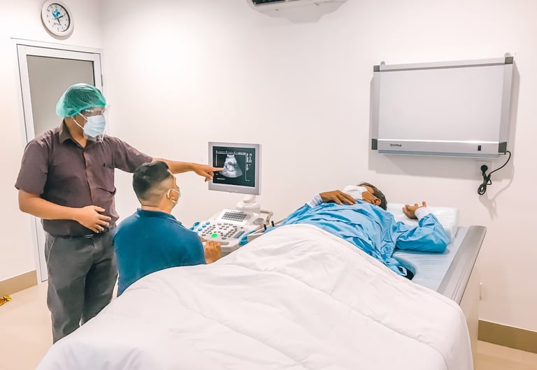 a man in a surgical mask and a nurse in a hospital