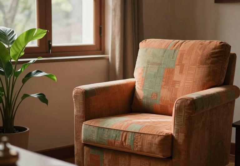 Photography of a peaceful consulting room in a Global South Asian / Indian setting, featuring soft warm ochre and muted sage green textile accents, a cozy armchair, natural light filtering through a window with a green plant nearby, evoking a serene and safe therapeutic environment.