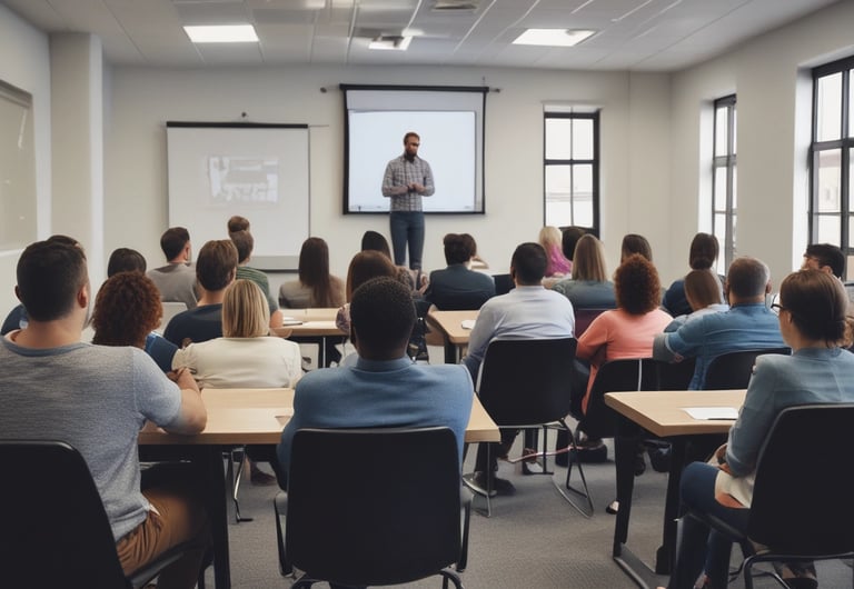 Photo of a professional trainer engaging a group in a modern corporate training room.