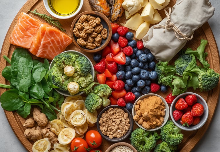 Overhead view of a Mediterranean diet platter with fresh salmon, berries, broccoli, and nuts.