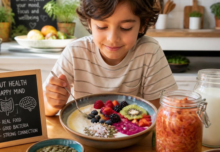 A young boy eats a healthy yogurt bowl with fresh berries and seeds for gut health and a happy mind.