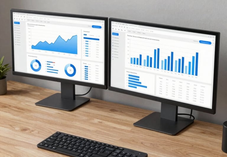 Wide desk surface from above, two monitors showing website analytics dashboard with blue charts and conversion metrics, clean modern studio, neutral overhead light, keyboard and notebook visible at edge