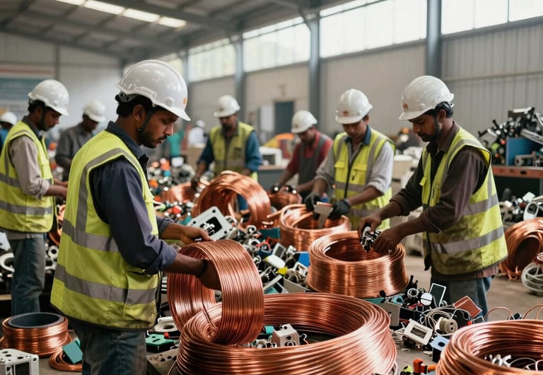 An organized modern industrial recycling yard in Tiruppur, South Asian / Indian setting. Workers in high-visibility jackets and helmets are systematically sorting copper wires and electrical components. The environment is clean and professional, with bright natural daytime lighting.
