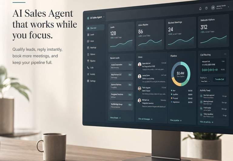 AI sales agent dashboard on a computer monitor displaying lead generation metrics and automated meeting bookings.