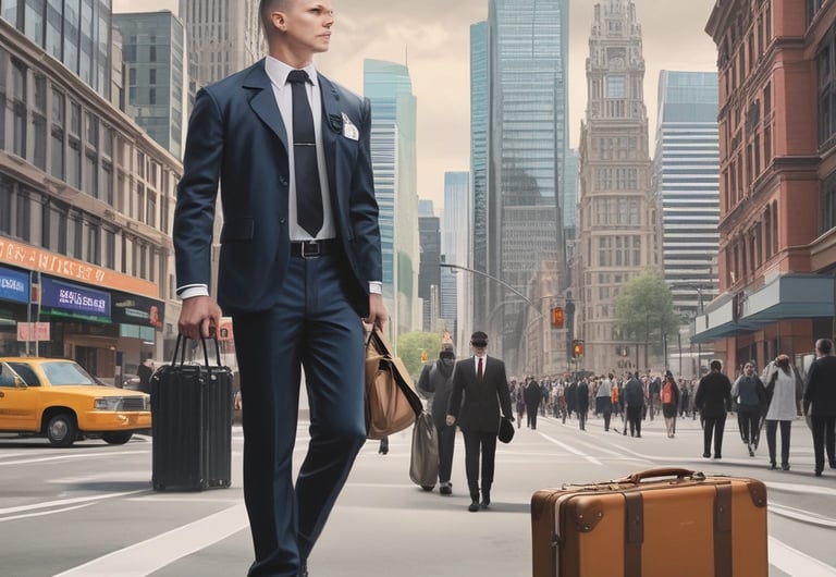 On board courier walking briskly through airport with a secure briefcase.