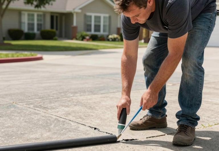 Close-up of a worker filling potholes in a commercial parking lot