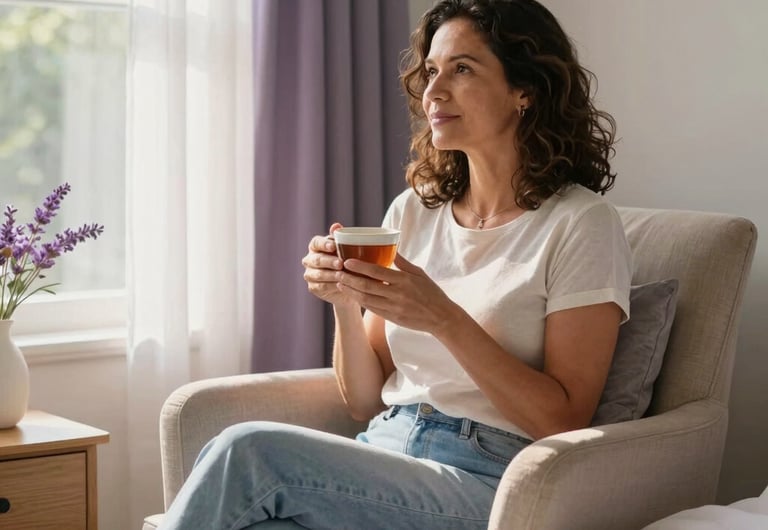 A serene Brazilian woman in her late 40s sitting peacefully on a soft beige armchair near a sunny window, holding a warm ceramic cup of tea. Warm morning light filters through sheer curtains into a cozy bedroom decorated with lavender accents, light wooden nightstand, and soft petrol blue textiles. Gentle, peaceful atmosphere.