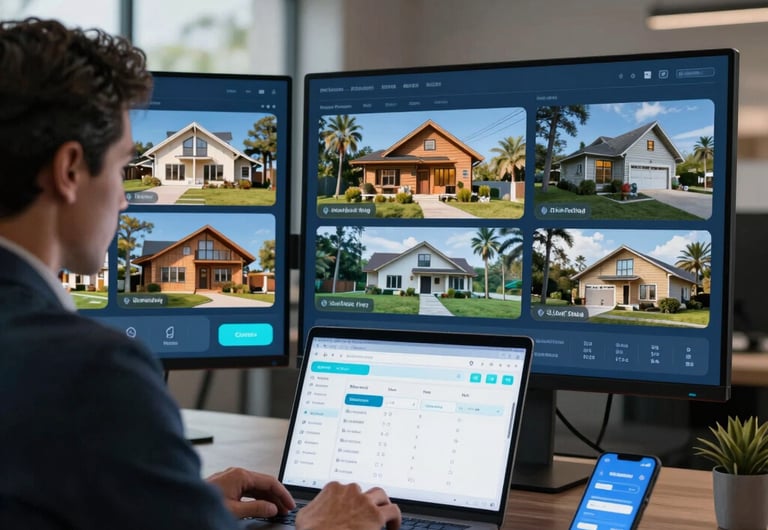 A modern residential community with controlled access and smart monitoring technology illuminated by blue lighting effects.