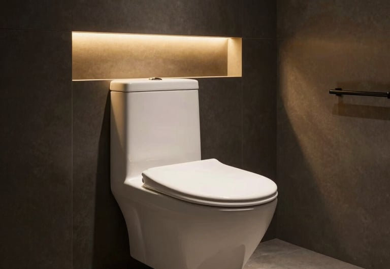 Beautiful photography of a modern luxury wall-hung Western toilet in a minimalist dark-themed bathroom, elegant soft gold LED backlit panel, high-end design, realistic look.