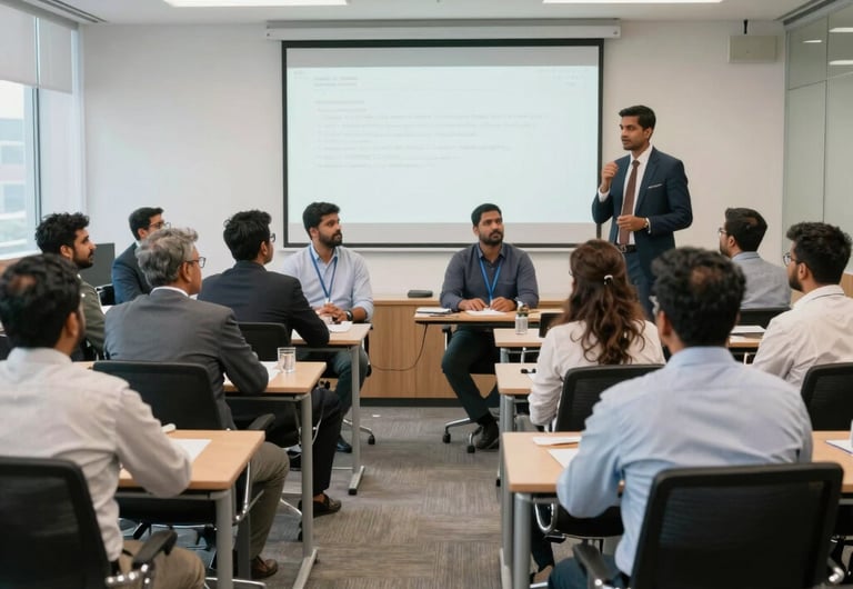 A bright modern corporate training room in India with executive staff participating in a seminar, professional South Asian / Indian business leaders in contemporary attire, dynamic office setting.