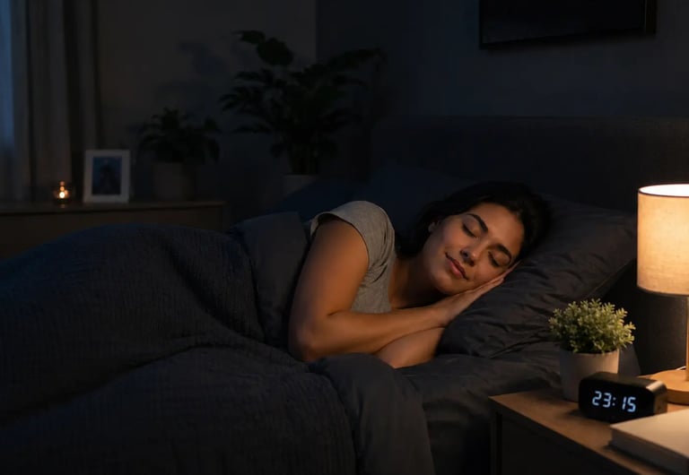 A woman sleeping peacefully in a dark bedroom with a bedside lamp and digital clock.