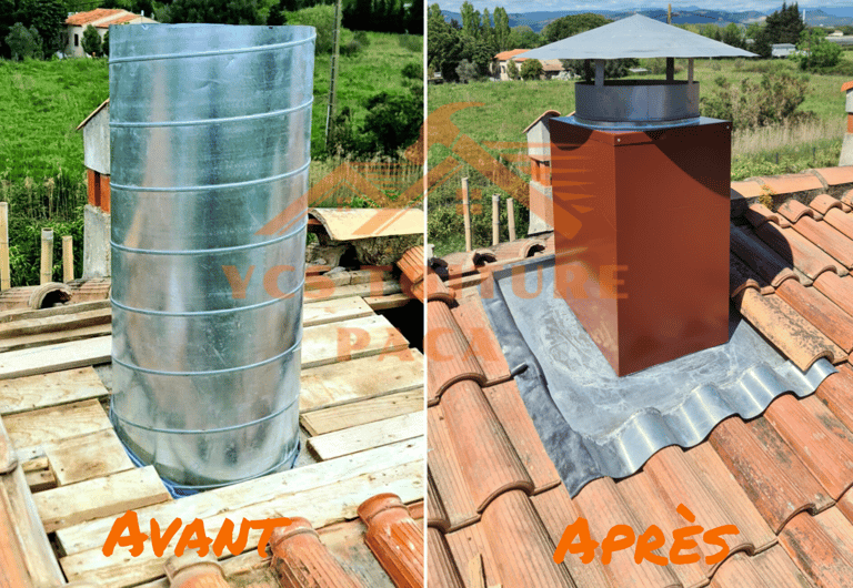 Abergement de cheminée en zinc sur tuiles canal.