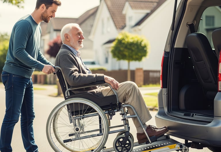 Ein Herr, der seinen Opa im Rollstuhl in seine Fahrzeug schiebt