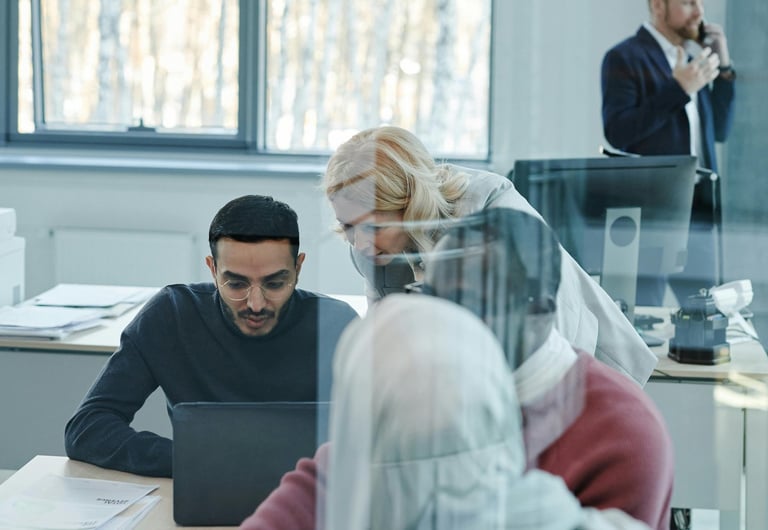 Professionals looking at data in a laptop