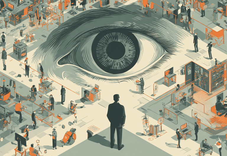 a man standing in front of a large eye looking at a large eye