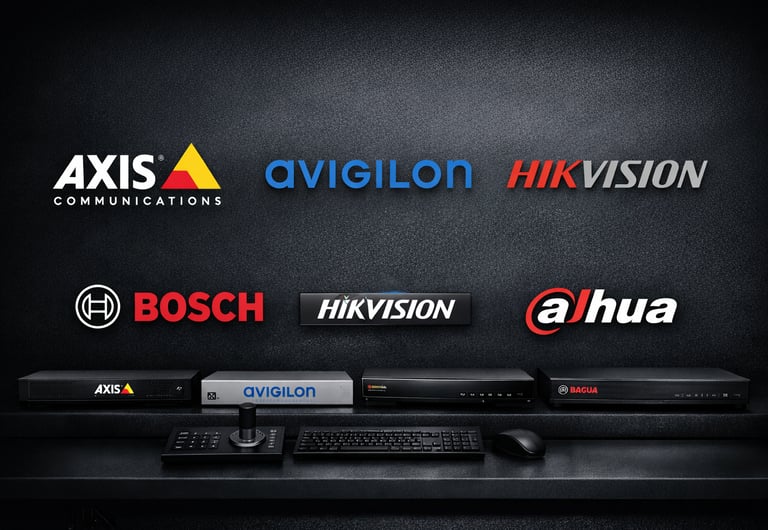 Commercial CCTV brands and surveillance hardware including Axis, Avigilon, Hikvision, Bosch, Dahua, 