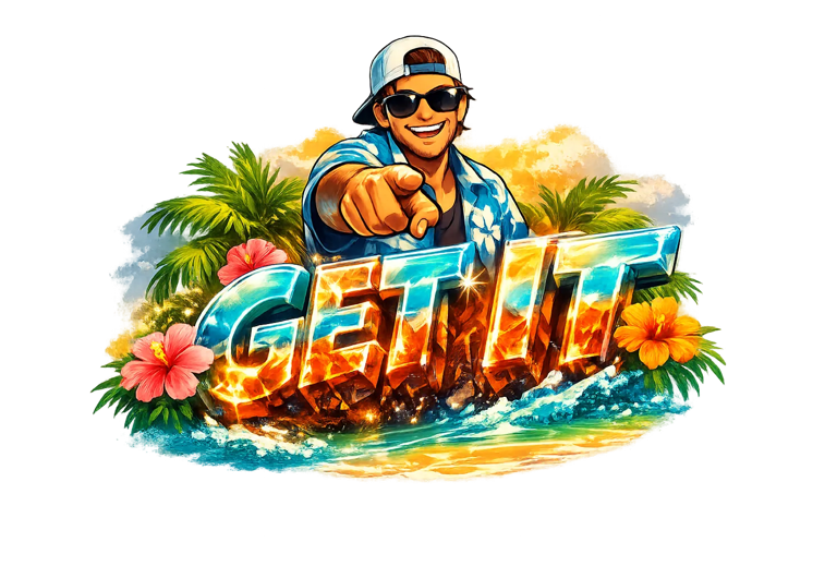 Cartoon character in sunglasses pointing forward above 3D “GET IT” text with tropical flowers and palm trees.