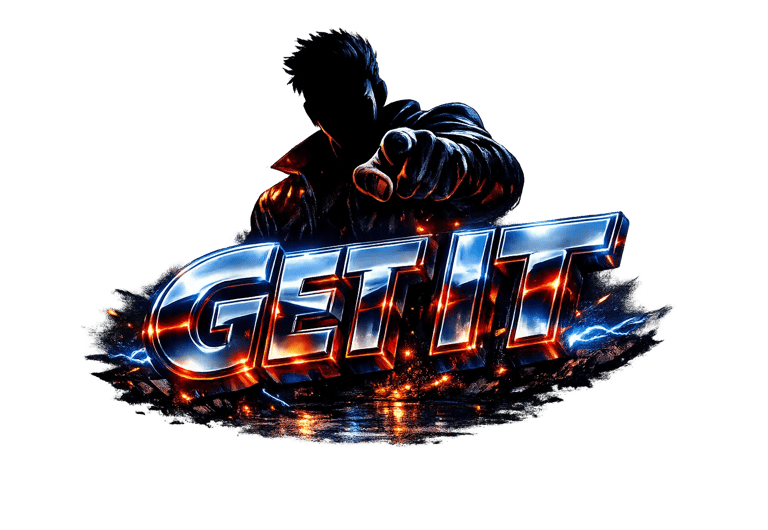 Hero silhouette pointing forward above glossy 3D “GET IT” text with neon reflections in Metro City style.