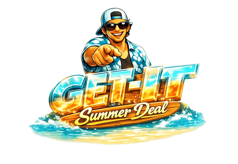 Cartoon character in sunglasses pointing forward above “GET‑IT Summer Deal” text on a bright beach background.