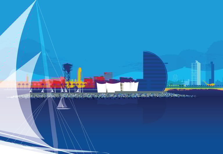 Ilustración del puerto de Barcelona por Tomo Iida