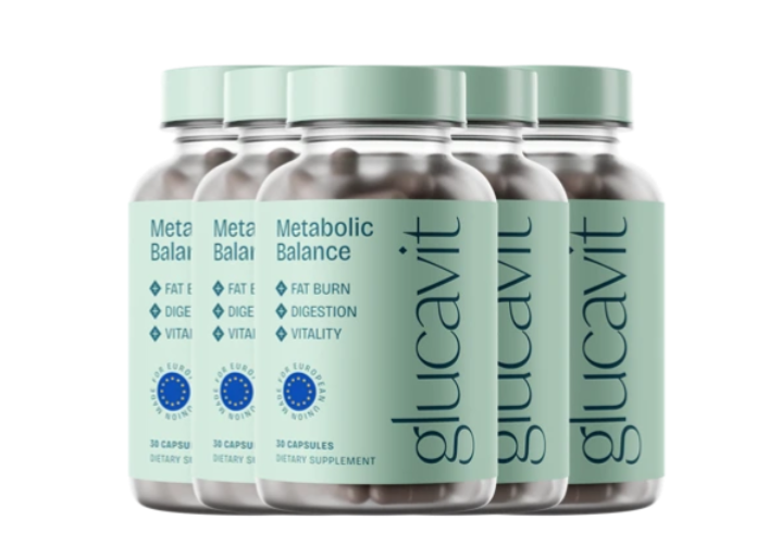 Glucavit metabolic balance dietary supplement bottles for fat burn and digestion support.