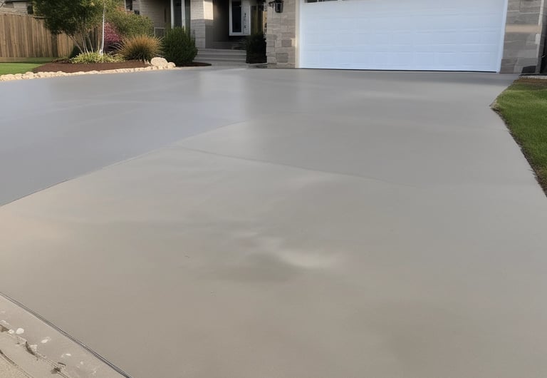 A wide concrete driveway with a neat finish, bordered by green lawn.