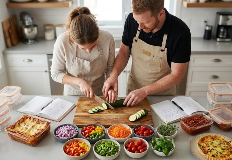 A couple preparing healthy meals together in a modern kitchen with glass food storage containers.