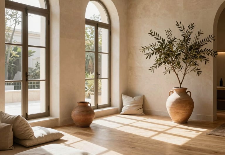 Serene boutique wellness studio interior in Valencia with natural light streaming through high arched windows, warm light wood flooring, smooth limestone walls in warm ivory, minimalist linen cushions, organic clay pottery with dry olive branches, soft gentle shadows, peaceful atmosphere of quiet luxury, Spanish Mediterranean interior architecture.