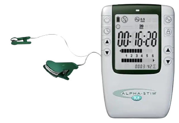 Close up image of an Alpha-Stim® M with earclips.