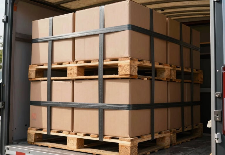 Close-up of neatly stacked cardboard packaging pallets loaded inside a clean, dry canopy lorry bed, secure industrial cargo straps tightly fastened, natural daylight.