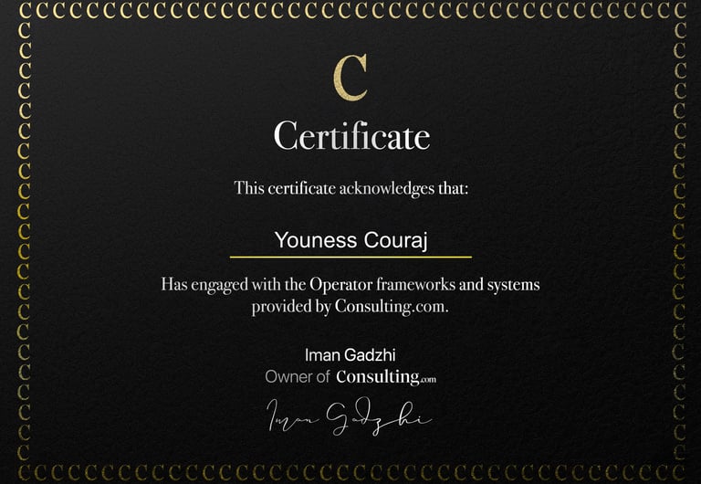 Consulting.com certificate for Youness Couraj for completing Operator frameworks by Iman Gadzhi.