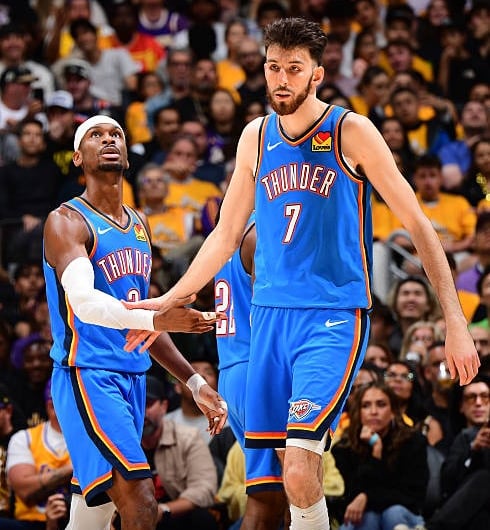 SGA and Chet Holmgren of the OKC Thunder during a playoff game against the Los Angeles Lakers (May 11, 2026)