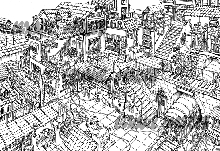 Fun aesthetic black and white Illustration, fineliner ink drawing, detailed artwork, urban art print