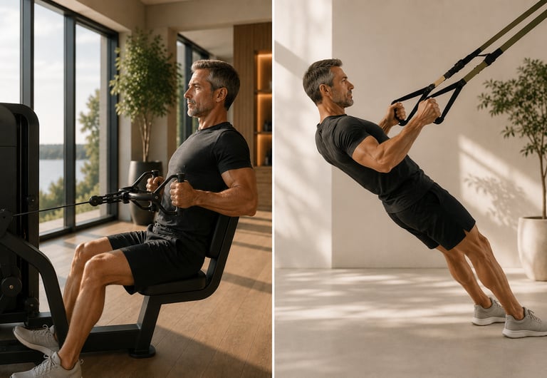 A gauche homme réalisant un tirage horizontal et à droite variante au poids du corps en TRX Row