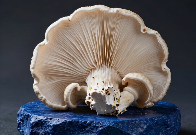 Premium studio photograph of clean organic Lion's Mane mushroom resting on a sleek deep blue stone pedestal, high contrast scientific presentation.