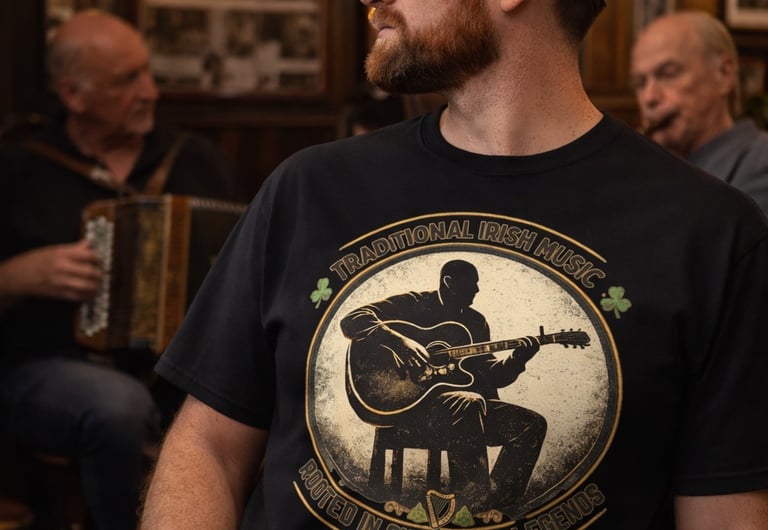 Bearded man wearing a black traditional Irish music t-shirt in a pub with musicians.