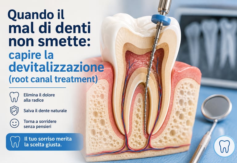 Anatomical cross-section model showing a root canal treatment procedure on a human tooth.