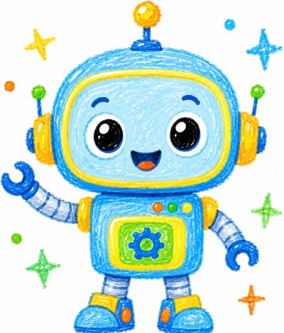 Robot infantil azul y amarillo que transmite curiosidad y diversión
