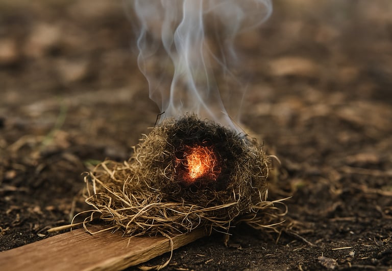 Tinder bundle smoldering with ember in survival fire-starting setup