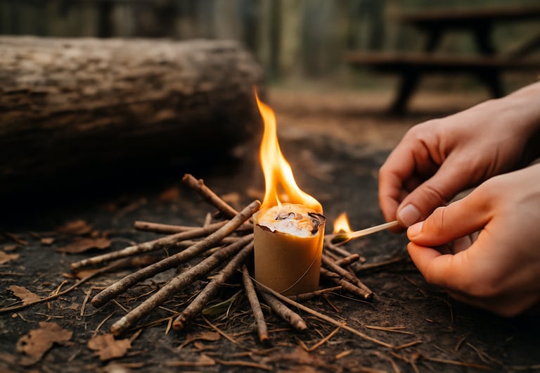 Hands lighting survival fire using tinder bundle in outdoor setting