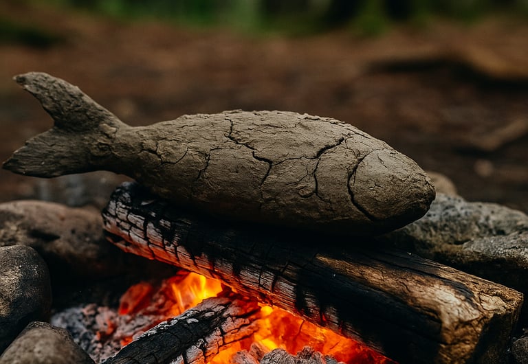 Whole fish wrapped in clay and baked over campfire for wilderness bushcraft cooking