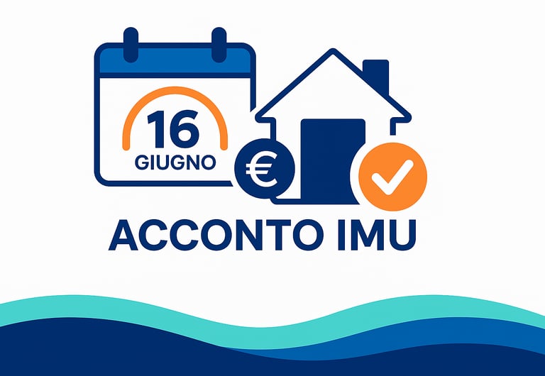 Illustrazione rappresentante la scadenza dell'acconto IMU del 16 giugno 2025, con un calendario e una casa con simbolo euro