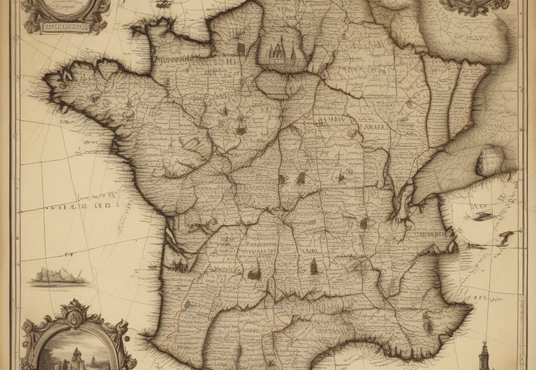 A vintage-style map of France highlighting historical landmarks with warm golden tones.